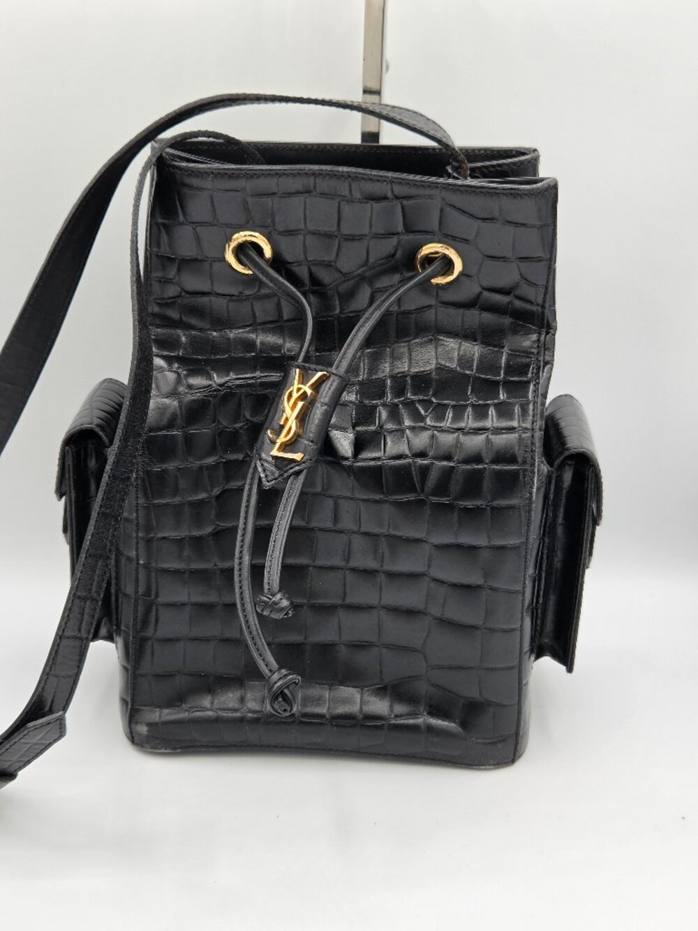 Saint Laurent Croc-Embossed Leather Bucket Bag – Black Calfskin | Gold Hardware
